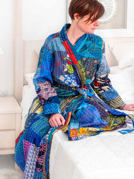 Blue Art Silk Patchwork Dressing Gown