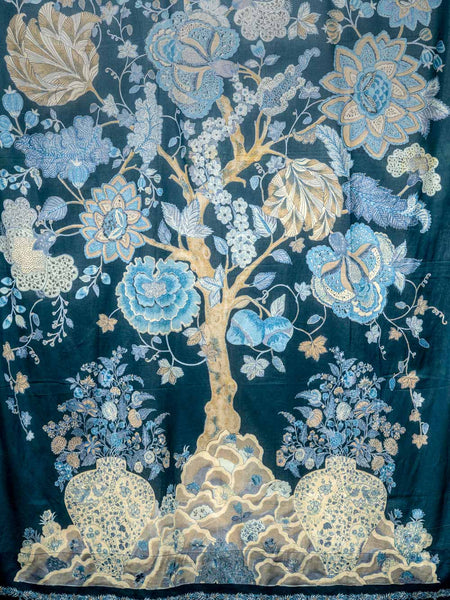 Cotton curtain with floral patterns on a dark blue background