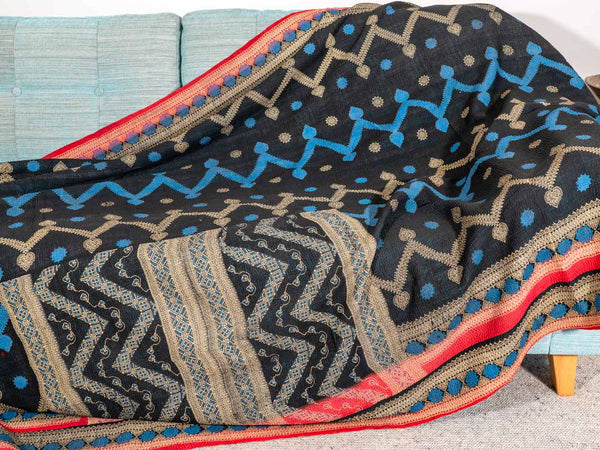 Blue & Black Zigzag Kantha Throw