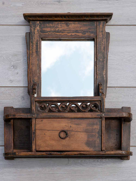 Carved Indian Barber's Mirror with Shelves & Drawer