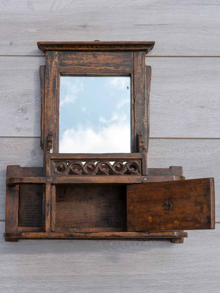 Carved Indian Barber's Mirror with Shelves & Drawer