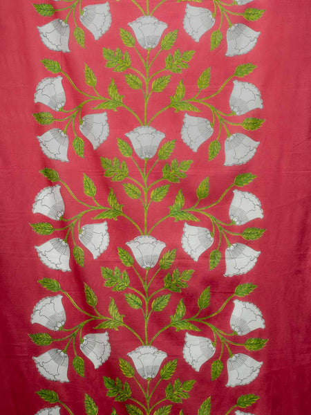 Red cotton curtain with white floral patterns and green leaves