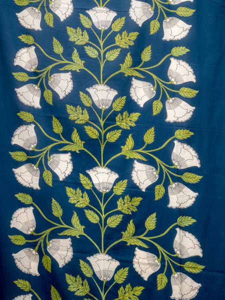 Floral pattern cotton curtains with white flowers and green leaves on a blue background
