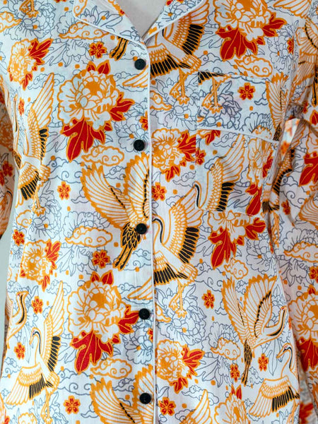 Flying Cranes Printed on White Cotton PJ's
