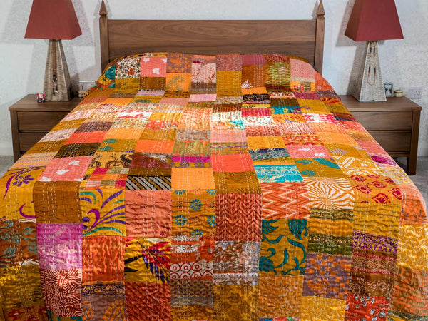 Gold Silk Patchwork Indian Bedspread