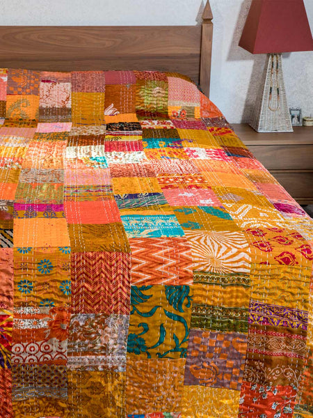 Gold Silk Patchwork Indian Bedspread