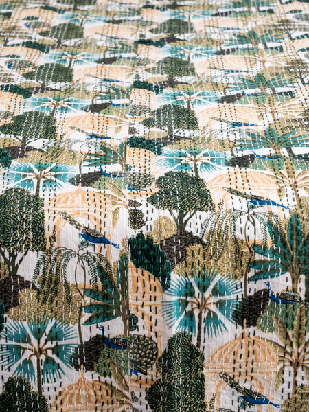 Close up of Green Forest Print Indian Cotton Bedspread