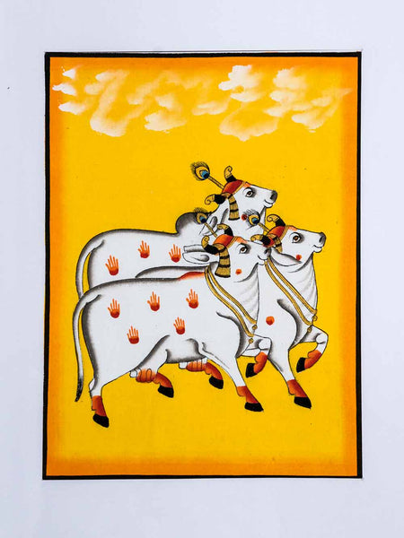 Indian Painting of Cows on Yellow Background