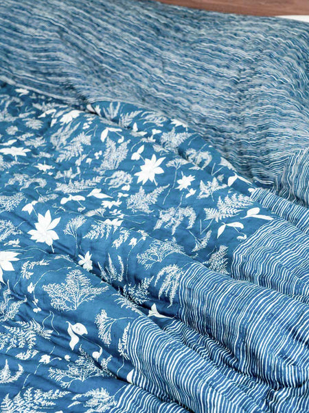 Indigo & White Leaf Indian Cotton Quilt