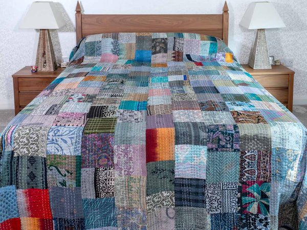King Size Grey Patchwork Indian Bedspread