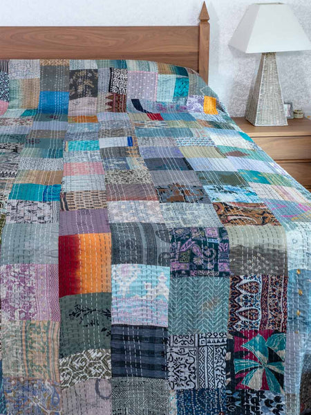King Size Grey Patchwork Indian Bedspread