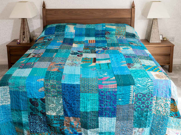 Kingfisher Blue Silk Patchwork Indian Bedspread