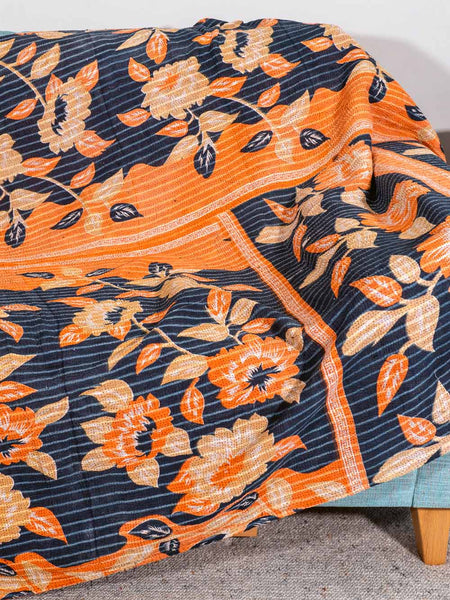 Large Orange Flowers on Navy Kantha