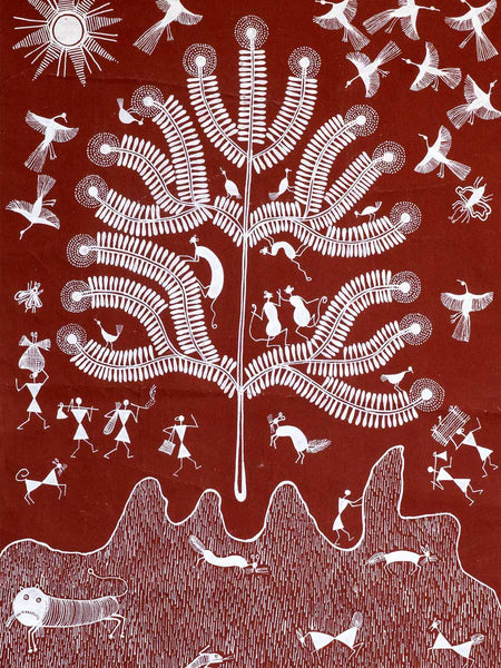 Lively Warli Painting with a Tree & Hills
