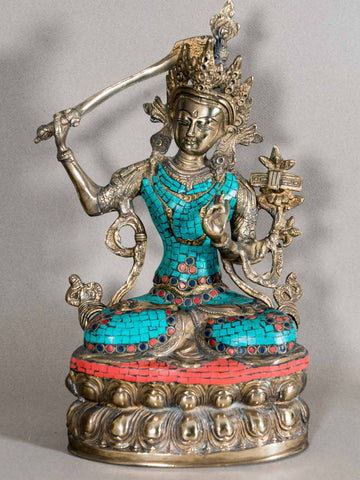 Manjushri Buddha Statue with Turquoise Inlay