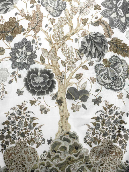 Decorative cotton curtain with floral and tree design in neutral colors