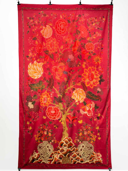 Decorative cotton curtain with floral patterns on a red background