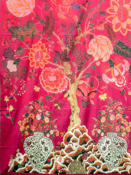 Colorful floral and tree design curtain on a red background