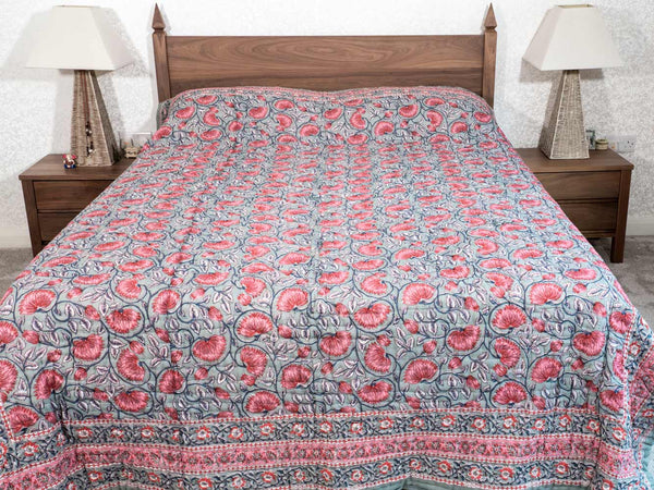 Sage Green & Hibiscus Floral Indian Cotton Quilt