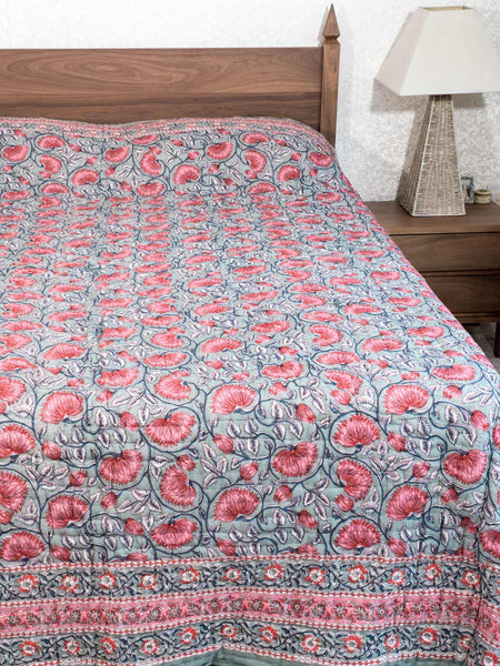 Sage Green & Hibiscus Floral Indian Cotton Quilt