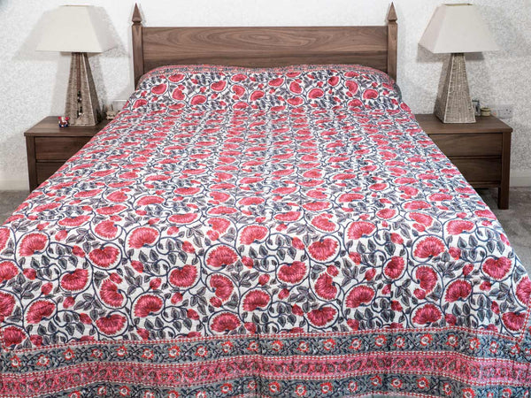 Sage Green & Hibiscus Floral Indian Cotton Quilt