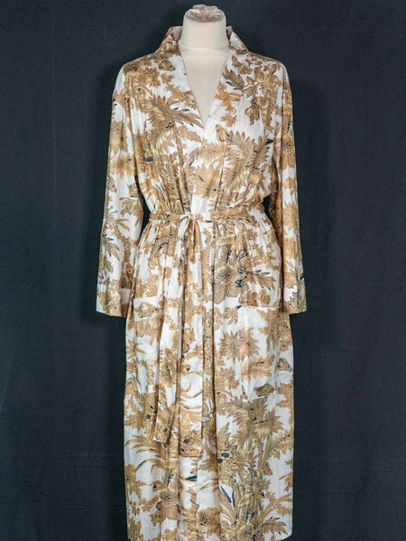 Sand Coloured Leaf Print on White Cotton Robe