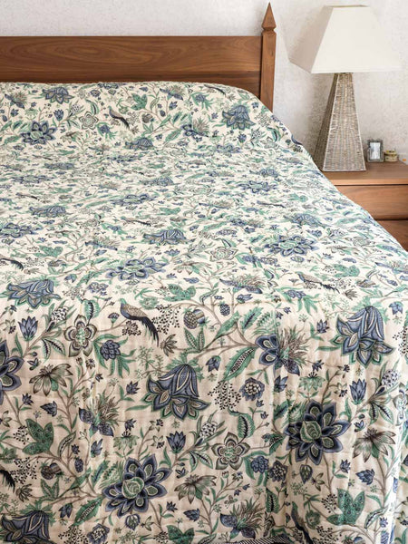 Soft Blue & Green Floral Indian Cotton Quilt