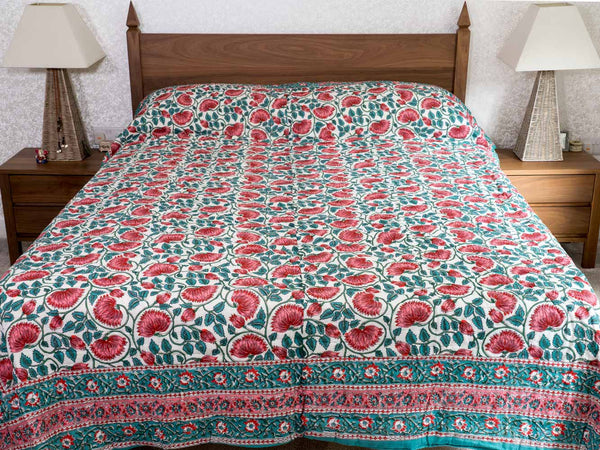 Soft Red & Jade Floral Indian Cotton Quilt
