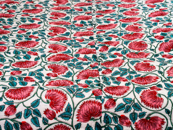 Soft Red & Jade Floral Indian Cotton Quilt