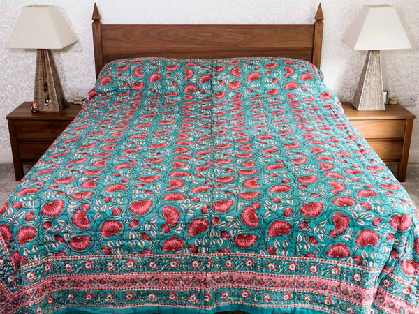 Soft Red & Jade Floral Indian Cotton Quilt