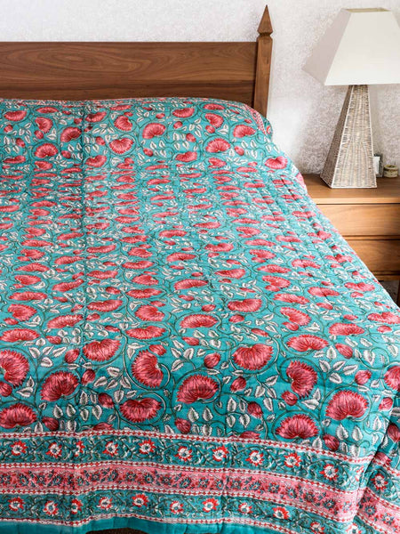 Soft Red & Jade Floral Indian Cotton Quilt