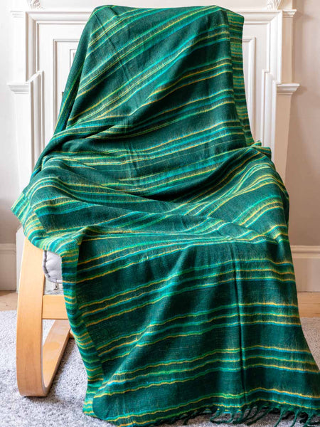Green and gold striped blanket draped over a chair in a room.