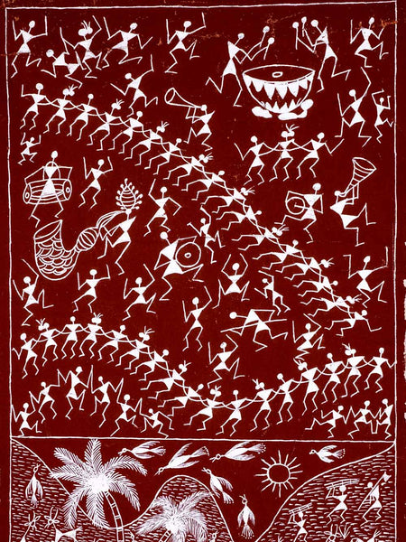 Warli Painting of Villagers, Mountains & a River