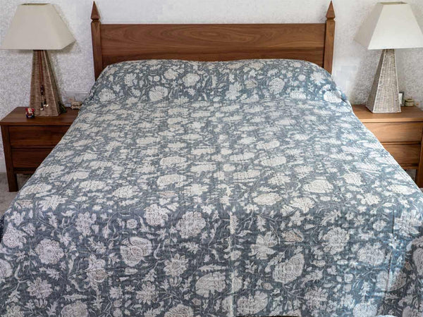 White Flowers on Grey Indian Bedspread