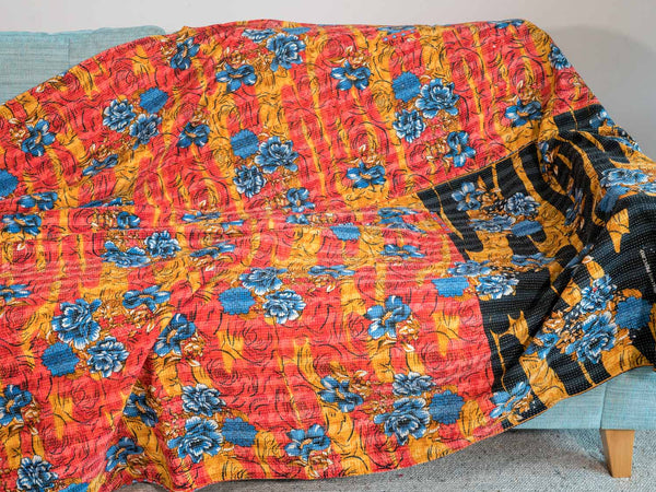 Blue Flowers on Tangerine Vintage Kantha Throw