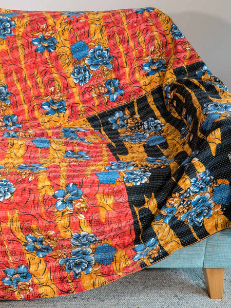 Blue Flowers on Tangerine Vintage Kantha Throw