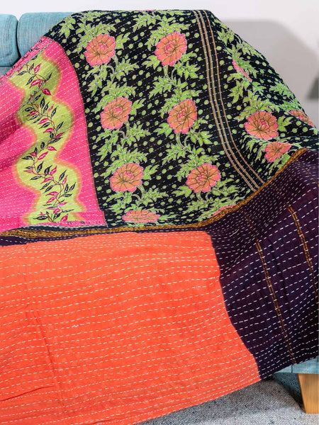 Coral & Black Kantha Throw