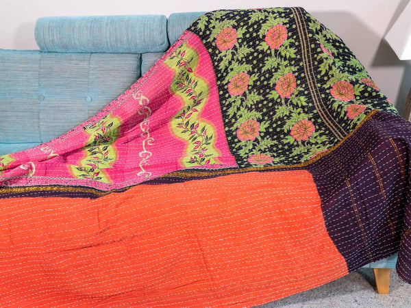 Coral & Black Kantha Throw