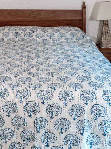 Indigo Trees Print Indian Kantha Bedspread