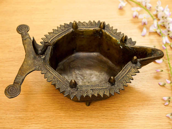 Decorative Indian Brass Oil Lamp with Tiny Bird