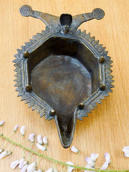 Decorative Indian Brass Oil Lamp with Tiny Bird