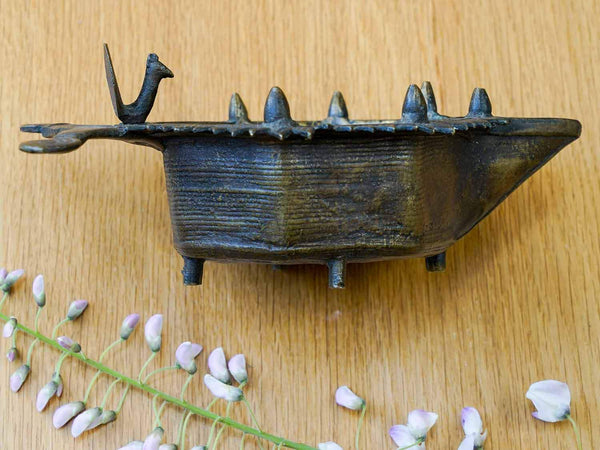 Decorative Indian Brass Oil Lamp with Tiny Bird