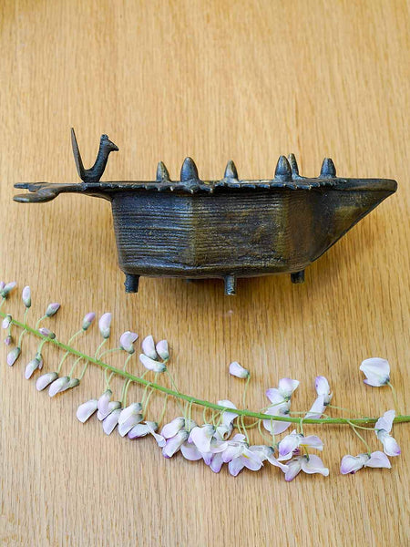 Decorative Indian Brass Oil Lamp with Tiny Bird
