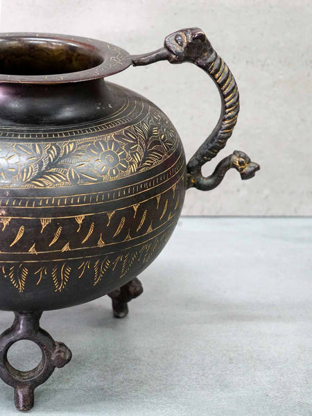 Engraved Blackened Brass Vessel on Legs