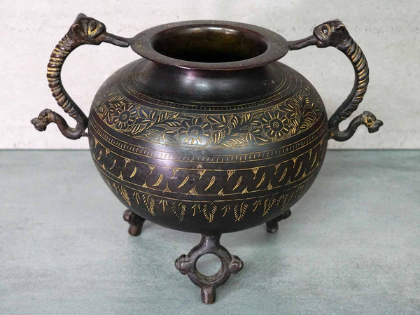 Engraved Blackened Brass Vessel on Legs