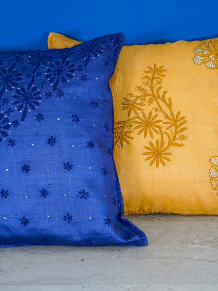 Gold and Navy Silk Embroidered Cushion Covers