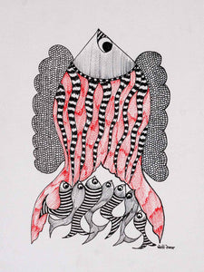 Gond Painting of Red & Black Fishes