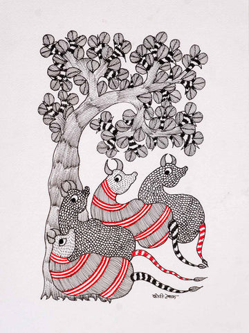 Gond Painting of Striped Cows & Trees
