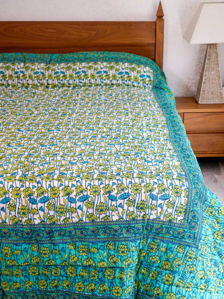 Green Lotus Indian Cotton Quilted Bedspread