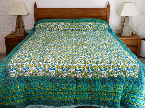 Green Lotus Indian Cotton Quilted Bedspread 
